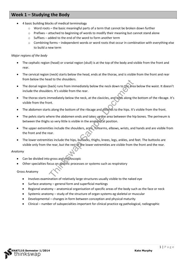 System Anatomy study notes | ANAT110 - Introduction to Human Anatomy