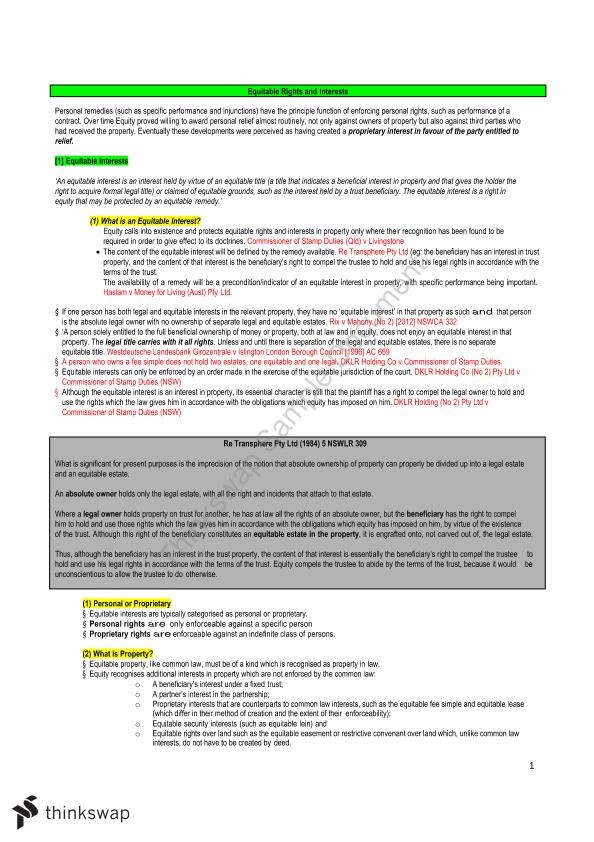 LAW2212 Complete Exam Notes | LAW2212 - Equity | Thinkswap