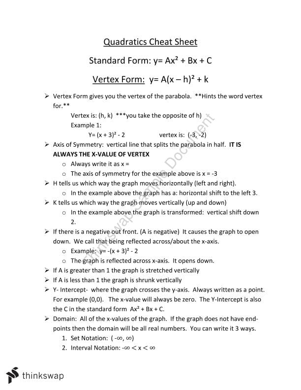 Quadratics Cheat Sheet Mathematical Methods Year 11 Sace Thinkswap