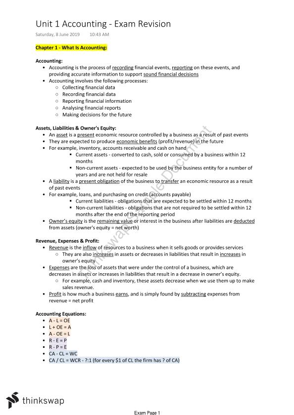 Complete Unit 1 Accounting Exam Notes 2019 | Accounting - Year 11 VCE