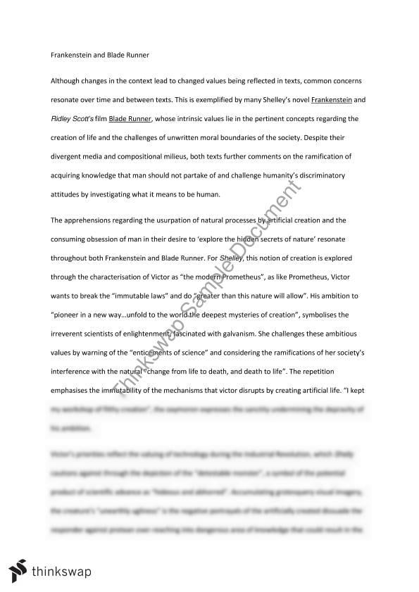 Frankenstein and Blade Runner Essay (Contexts and Representation) Paper