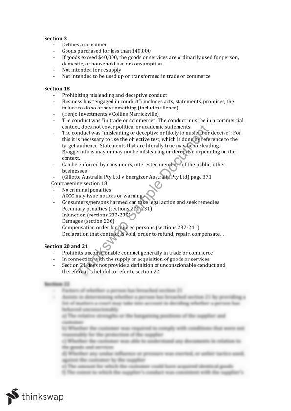 Relevant sections in ACL (Statute Law) LAW2442 Commercial Law