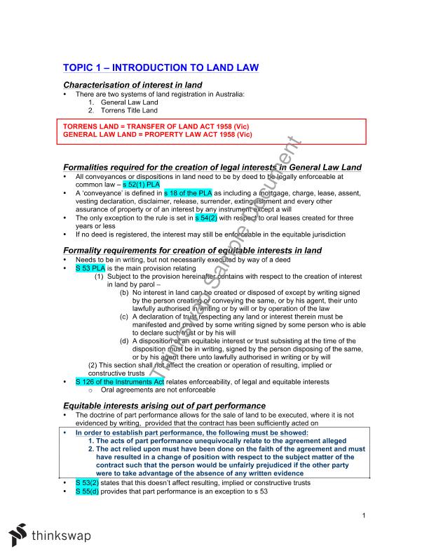 deakin exchange student Law Land Thinkswap   Law Notes Land Exam  MLL325