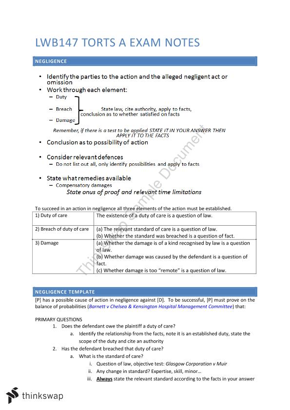 Lwb147 Torts A Negligence Exam Notes Lwb147 Torts A - 