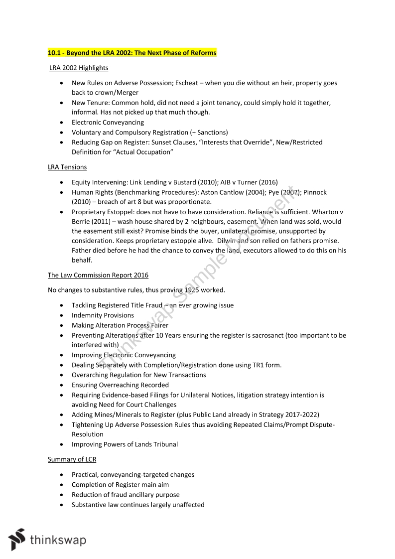 Land Law Notes | LLBP2205 - Land Law - DMU | Thinkswap