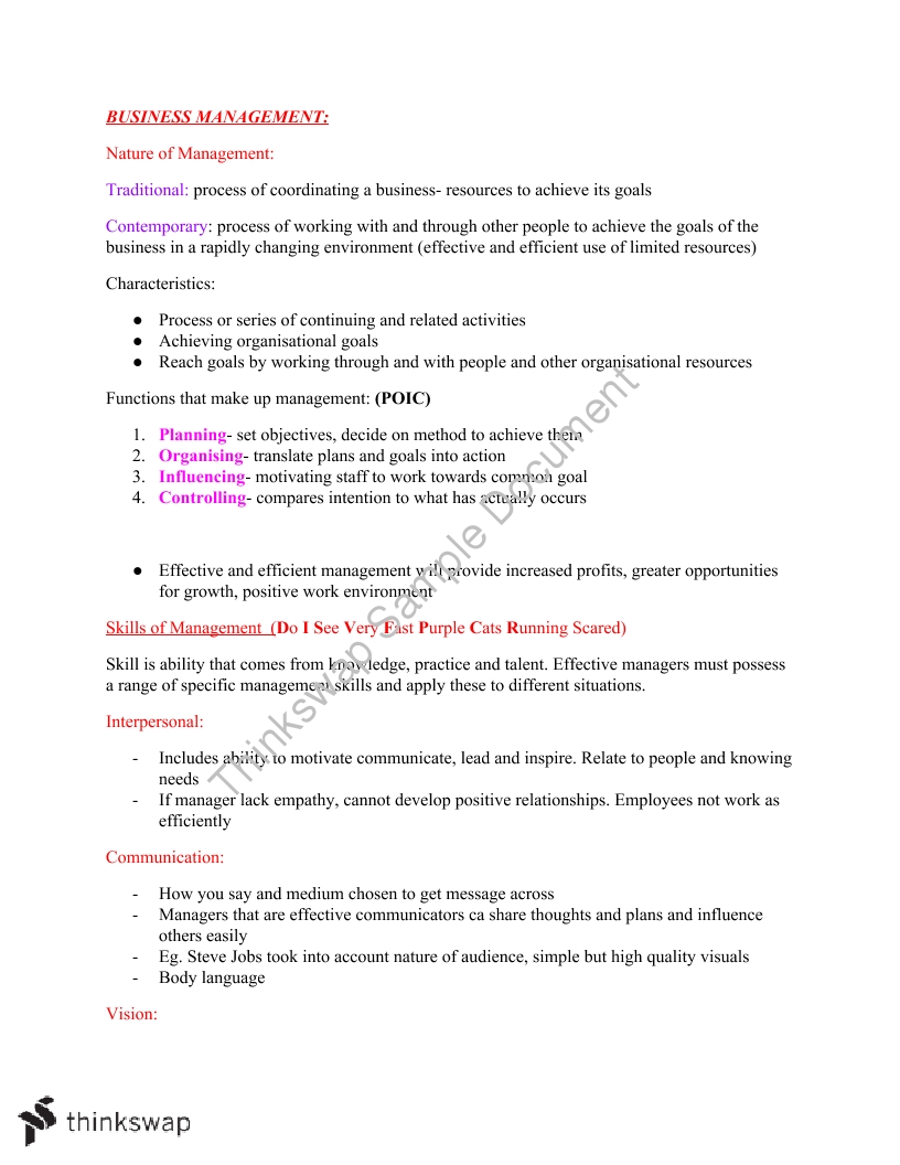 Year 11 Full Preliminary Course Notes Business Studies