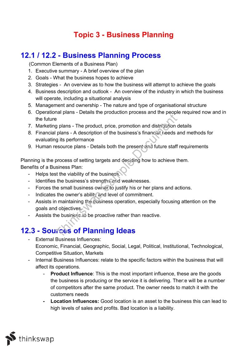 business plan preparation notes