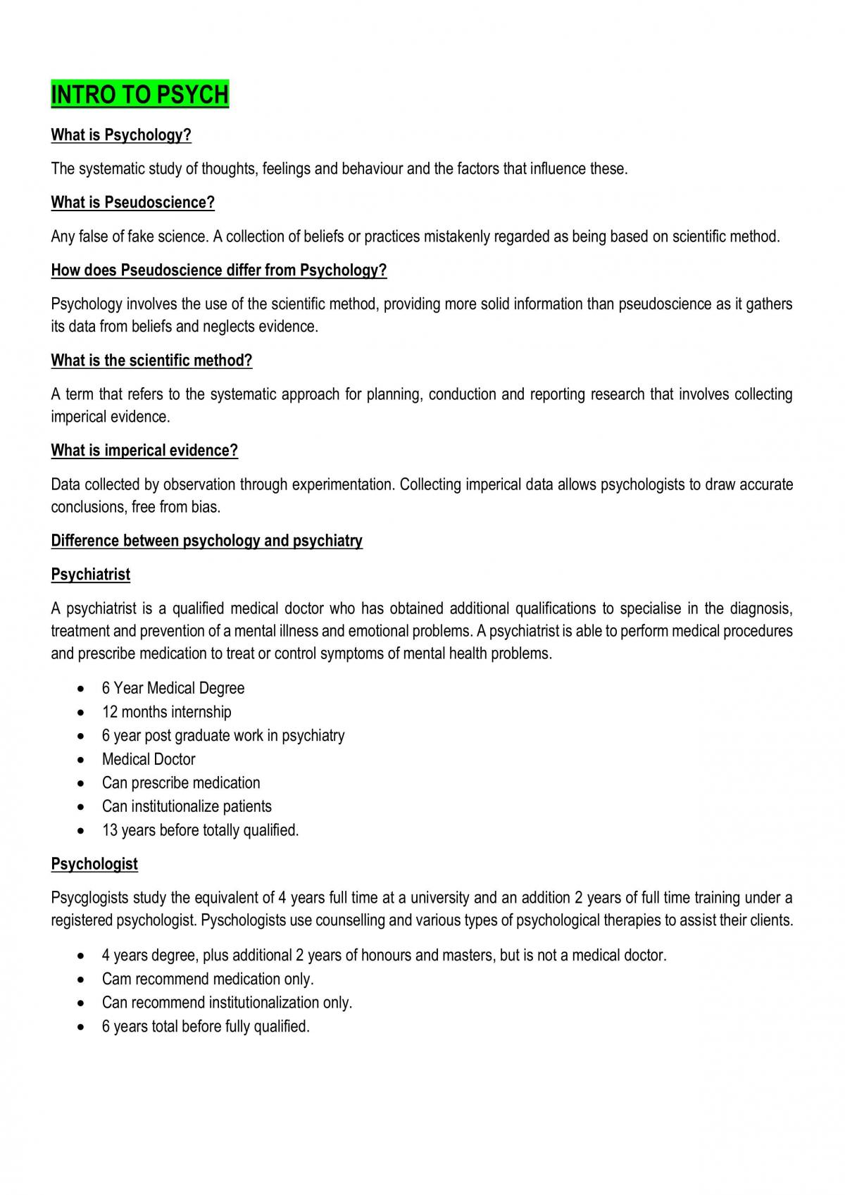 Introduction to Psych Test/ Exam Revision Psychology Year 12 SACE