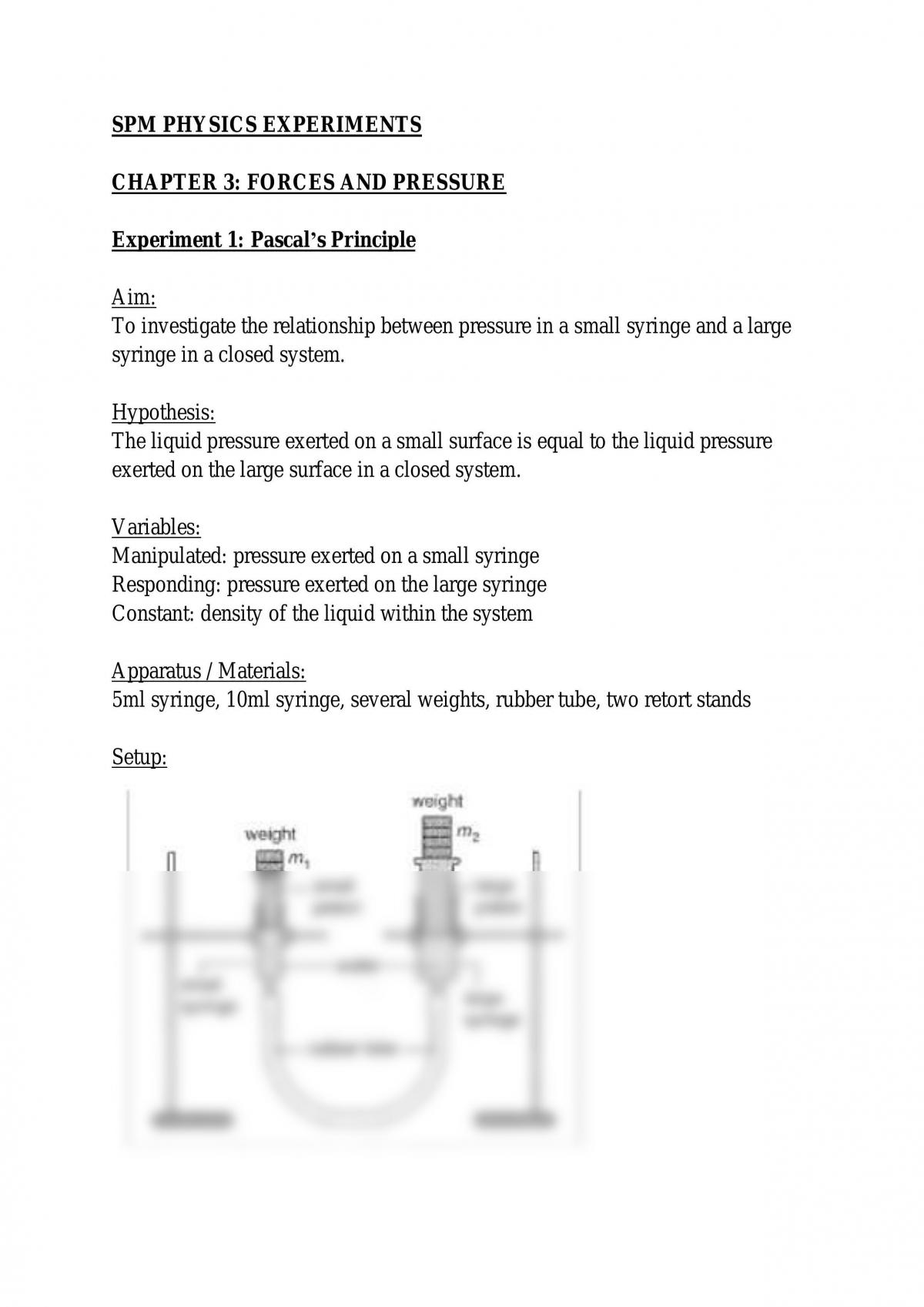 Experiment Pascal's Principle and Bernoulli's Principle Physics SPM