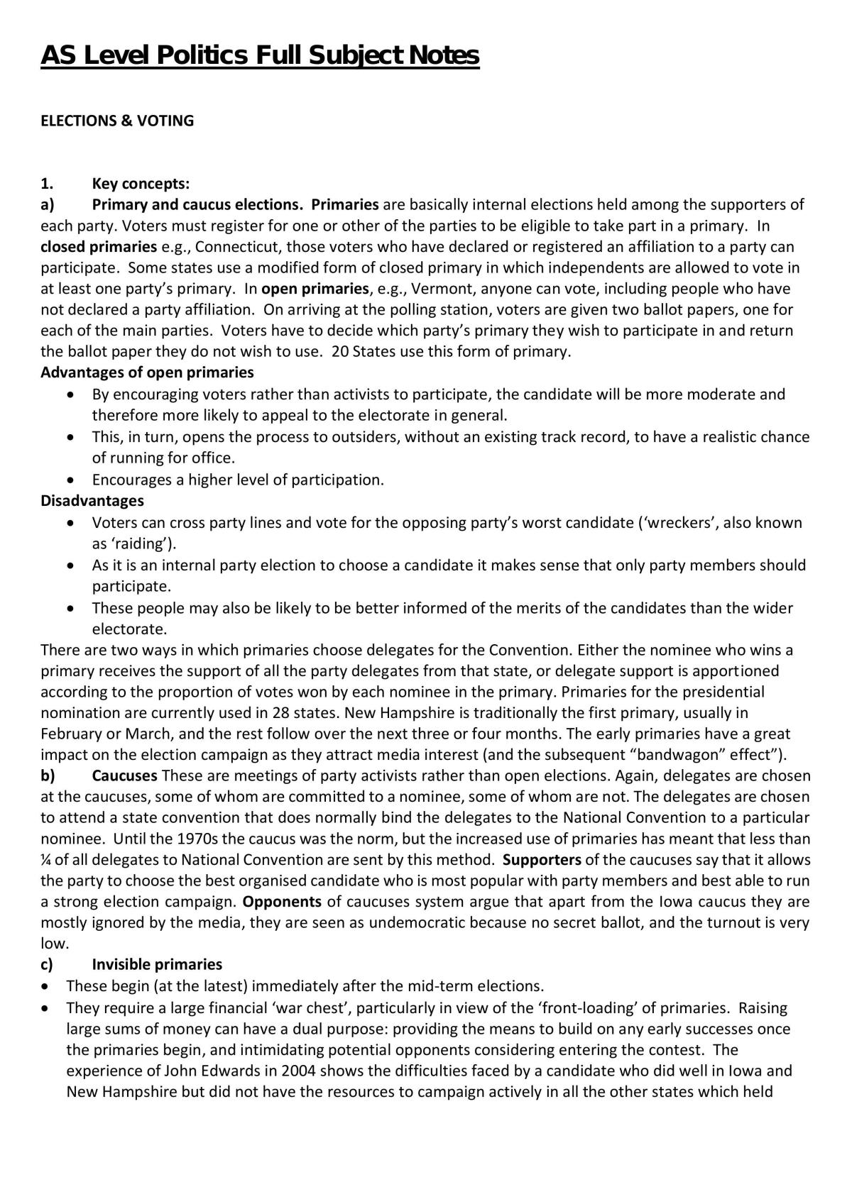 AS Level Politics Complete Study Notes Politics AS Level A Levels