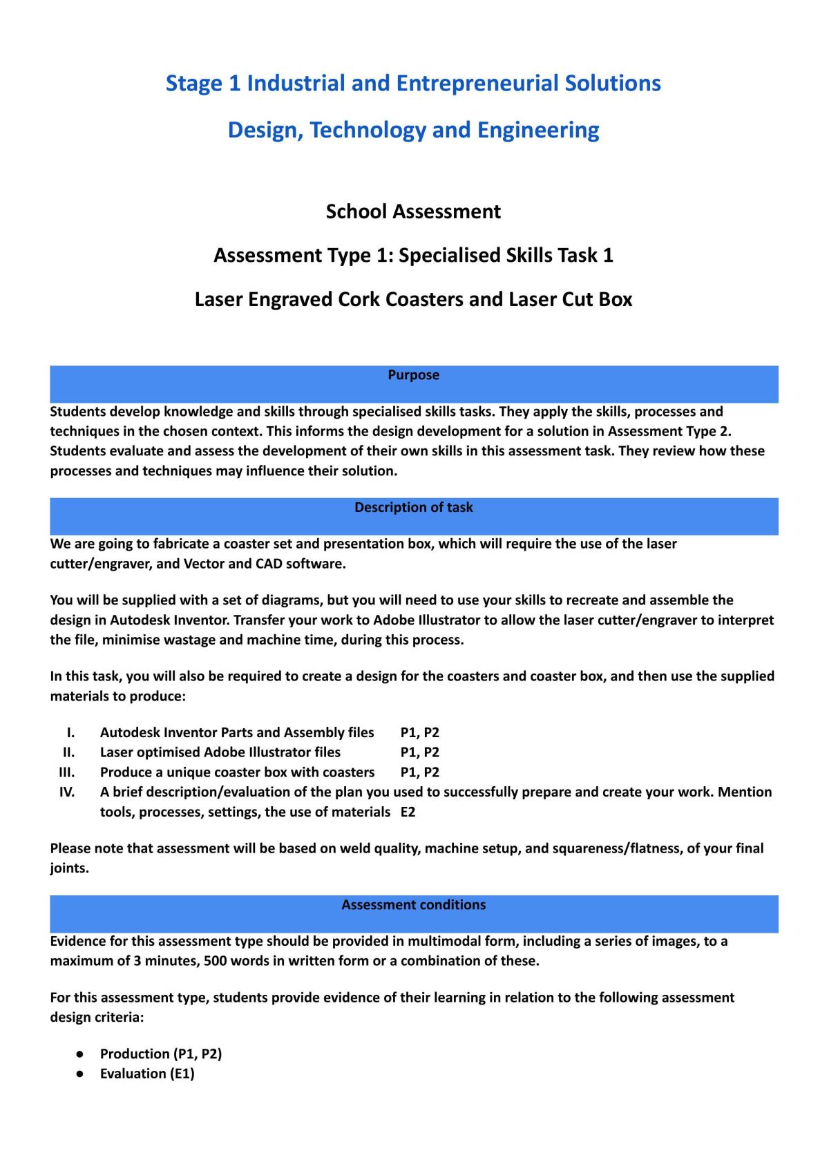 3D design Assessment Type 1 Specialised Skills Laser Engraved