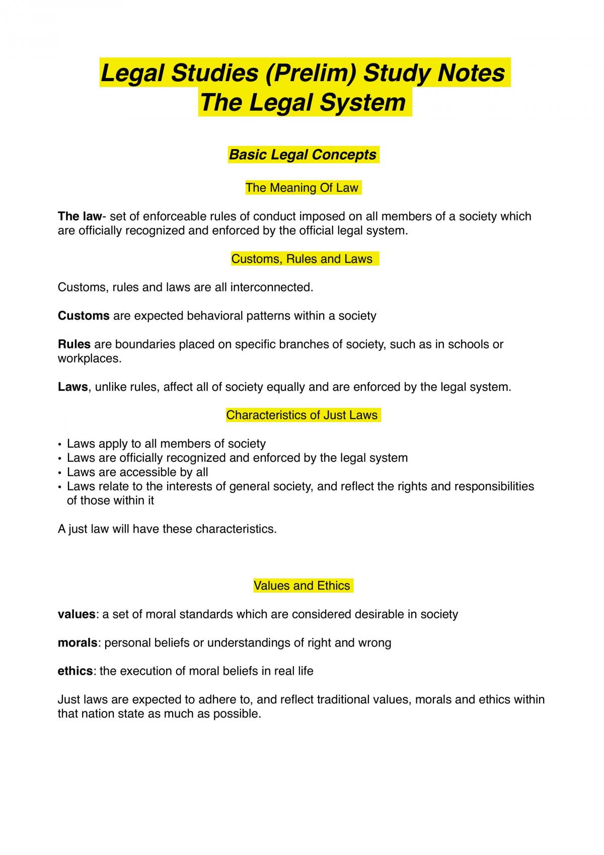 Preliminary Legal Studies Course notes Legal Studies Year 11 HSC