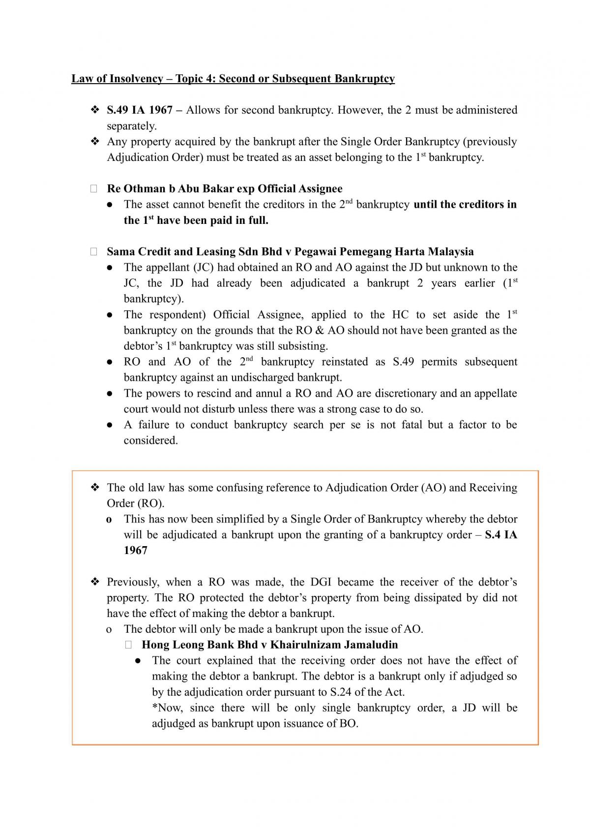 Law of Bankruptcy Notes  UBL4612 - Law of Bankruptcy - MMU 