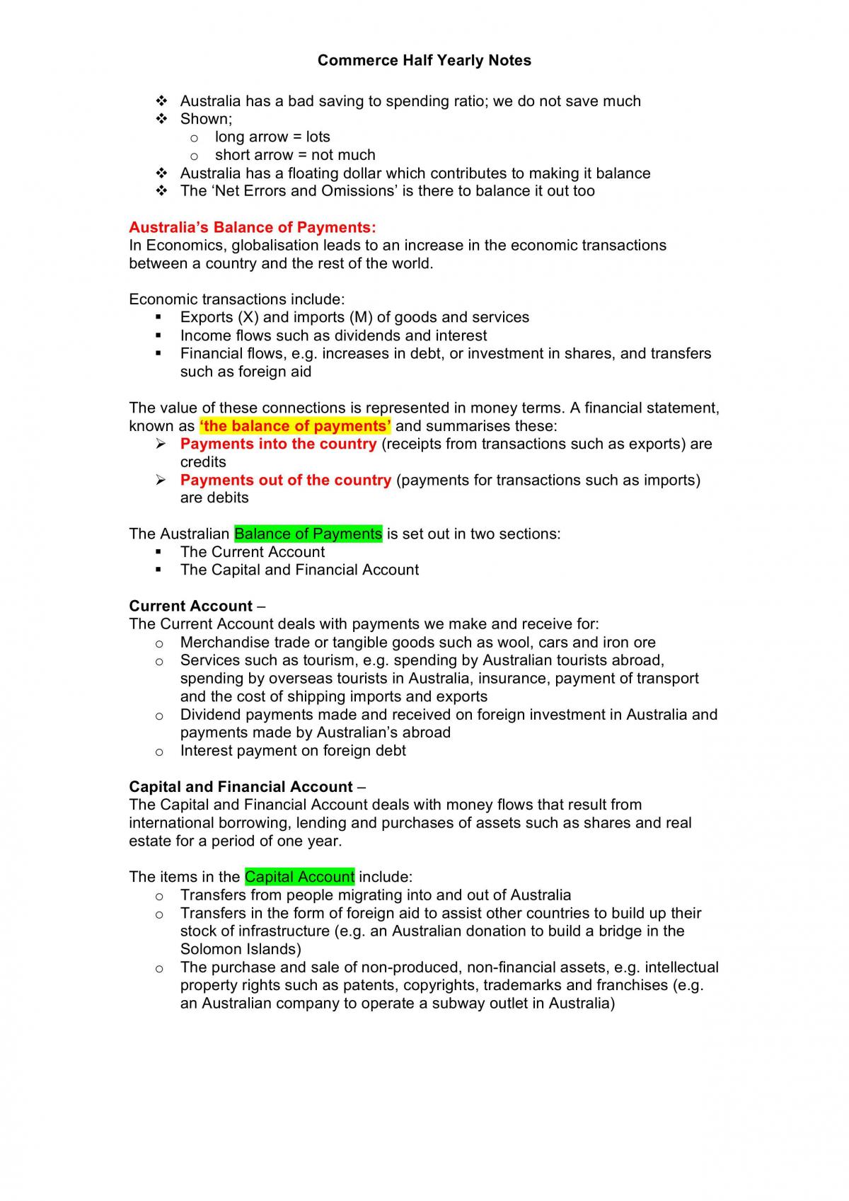 Commerce Semester 1 Notes | Commerce - Year 11 ACT | Thinkswap